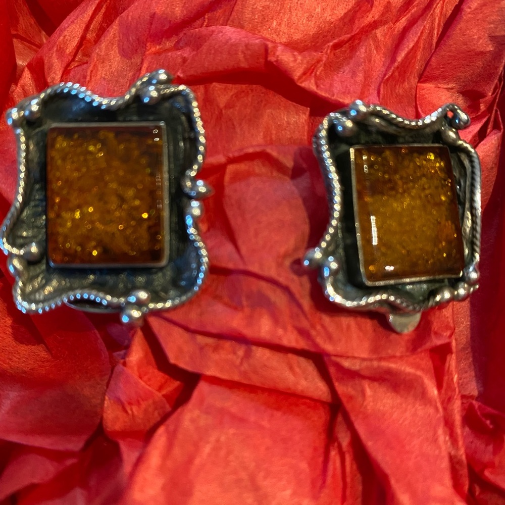Genuine Amber and silver Clip on Earrings.